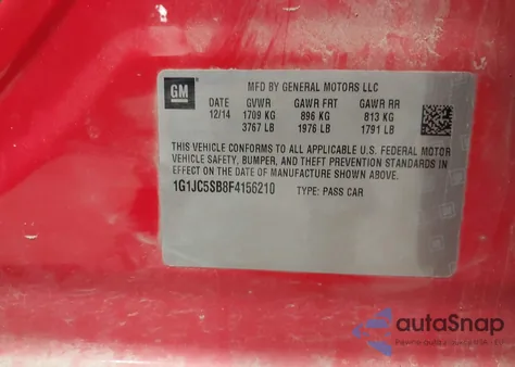 2015 Chevrolet Sonic Lt Auto z USA, uszkodzony, nr VIN 1G1JC5SB8F4156210